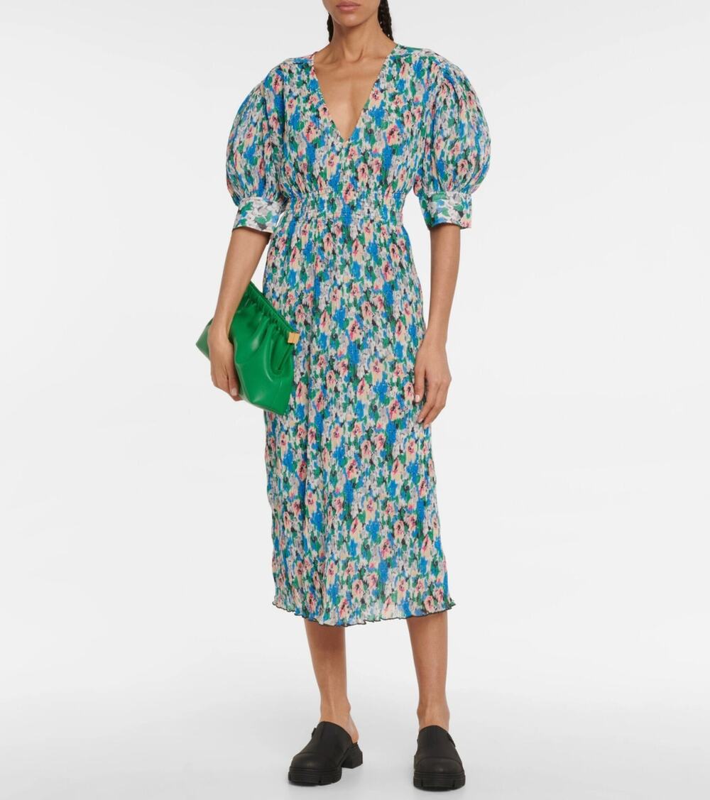 Ganni Floral Georgette Midi Dress Floral Azure Blue Size EU 42 US Large NWT
